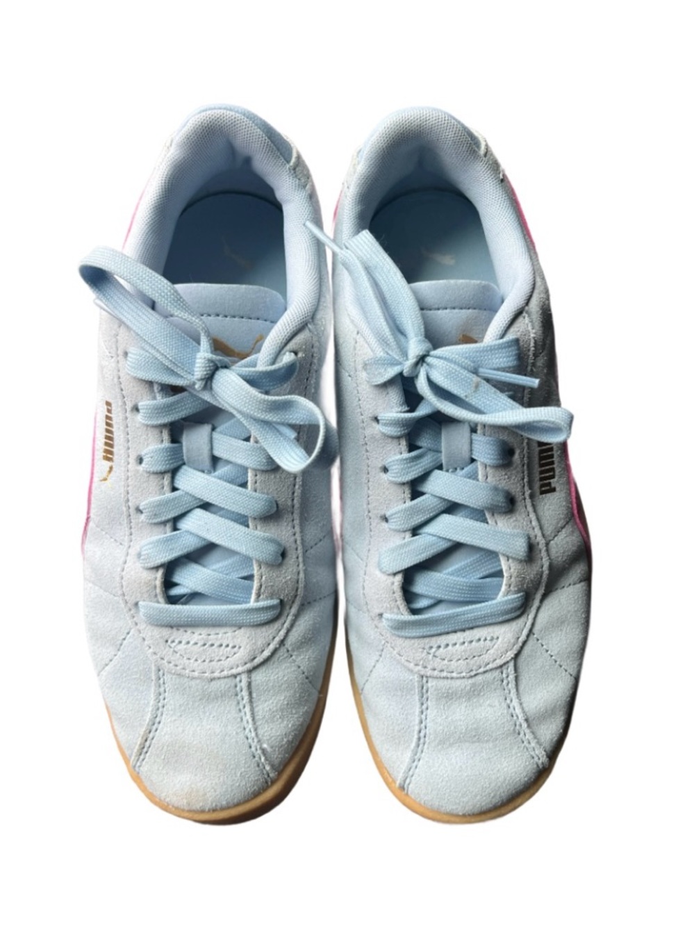 Puma Women's Light Blue Suede Sneakers with Pink Stripe and Gum Sole - Picture 2 of 4